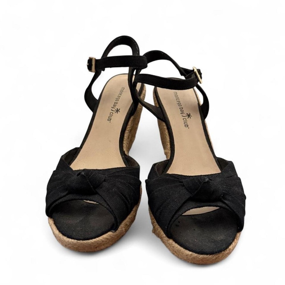 Montego Bay Club Black Espadrille Wedge Sandals Knotted Bow Ankle Strap Size 8
